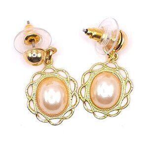 Vintage Gold Tone Pearl Filigree Dangle Earrings Elegant Feminine Jewelry